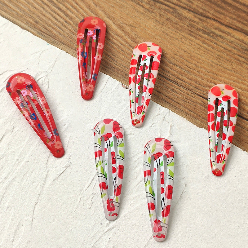 Pink Cherry Hair Clip Set for Girls with Floral Trim in Metal BB Clip Style