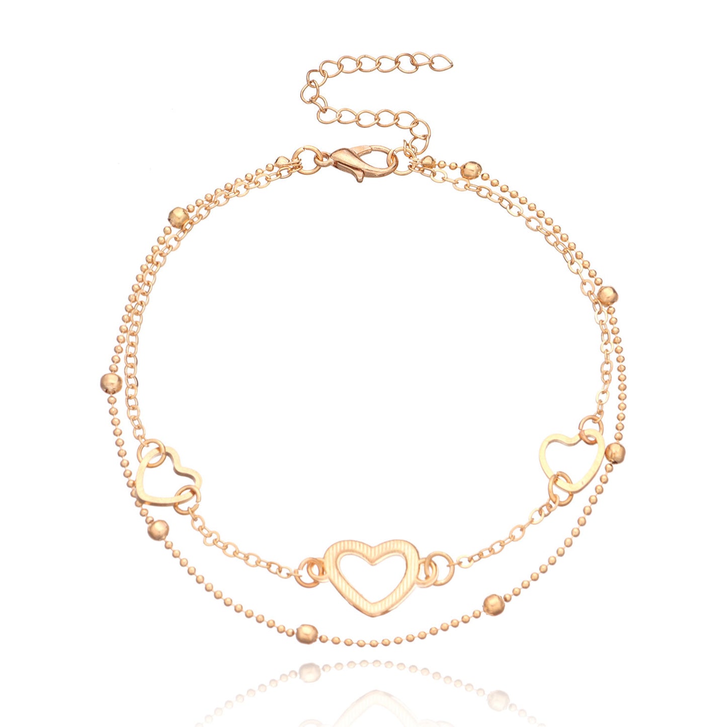 European Style Alloy Heart Shape Women's Double Layer Copper Bead Anklet Fashion Beach Foot Jewelry for Wedding Travel Gift