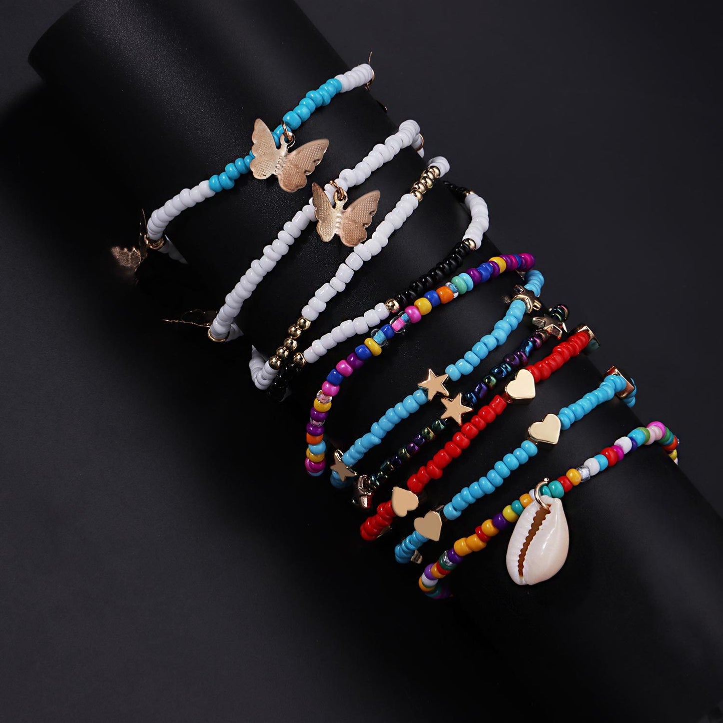 European Style Alloy Butterfly Heart Star Anklet for Women with Mother of Pearl Inlay, Fashion Foot Jewelry