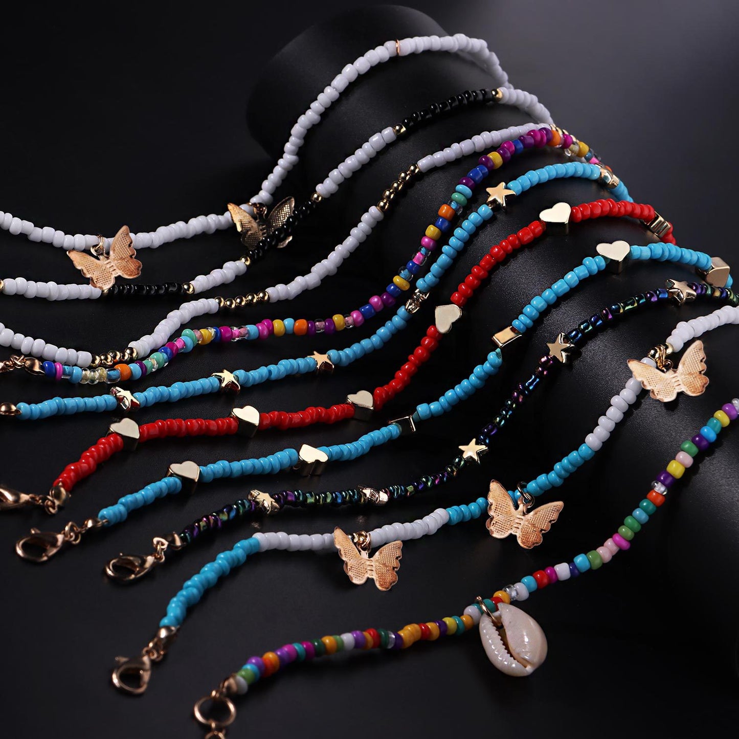 European Style Alloy Butterfly Heart Star Anklet for Women with Mother of Pearl Inlay, Fashion Foot Jewelry