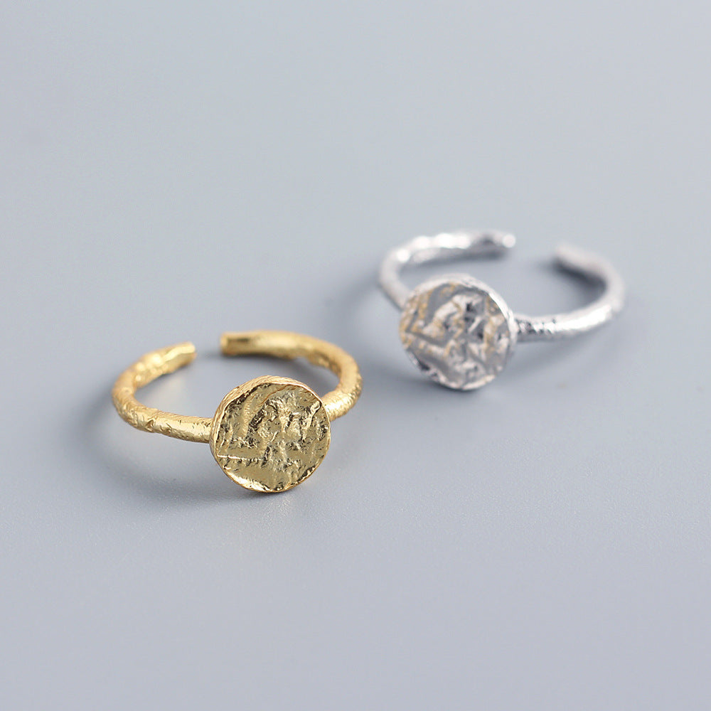 Anello da donna in argento sterling 925 lucido, geometrico, rotondo, con trama irregolare