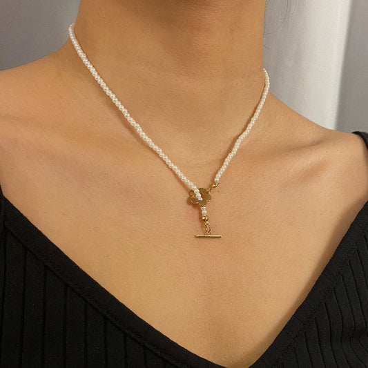 Floral Pearl Necklace Women's Handmade Heart Shape Inlay Metal Round Bead Chain Jewelry