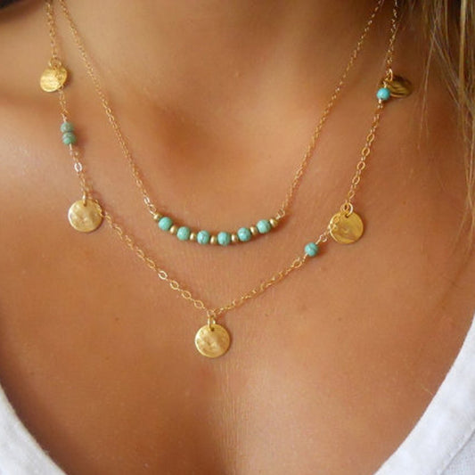 Collana da Donna a Dischi Rotondi Multistrato con Ciondolo Turchese e Catena a Croce in Lega