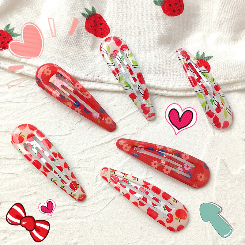 Pink Cherry Hair Clip Set for Girls with Floral Trim in Metal BB Clip Style
