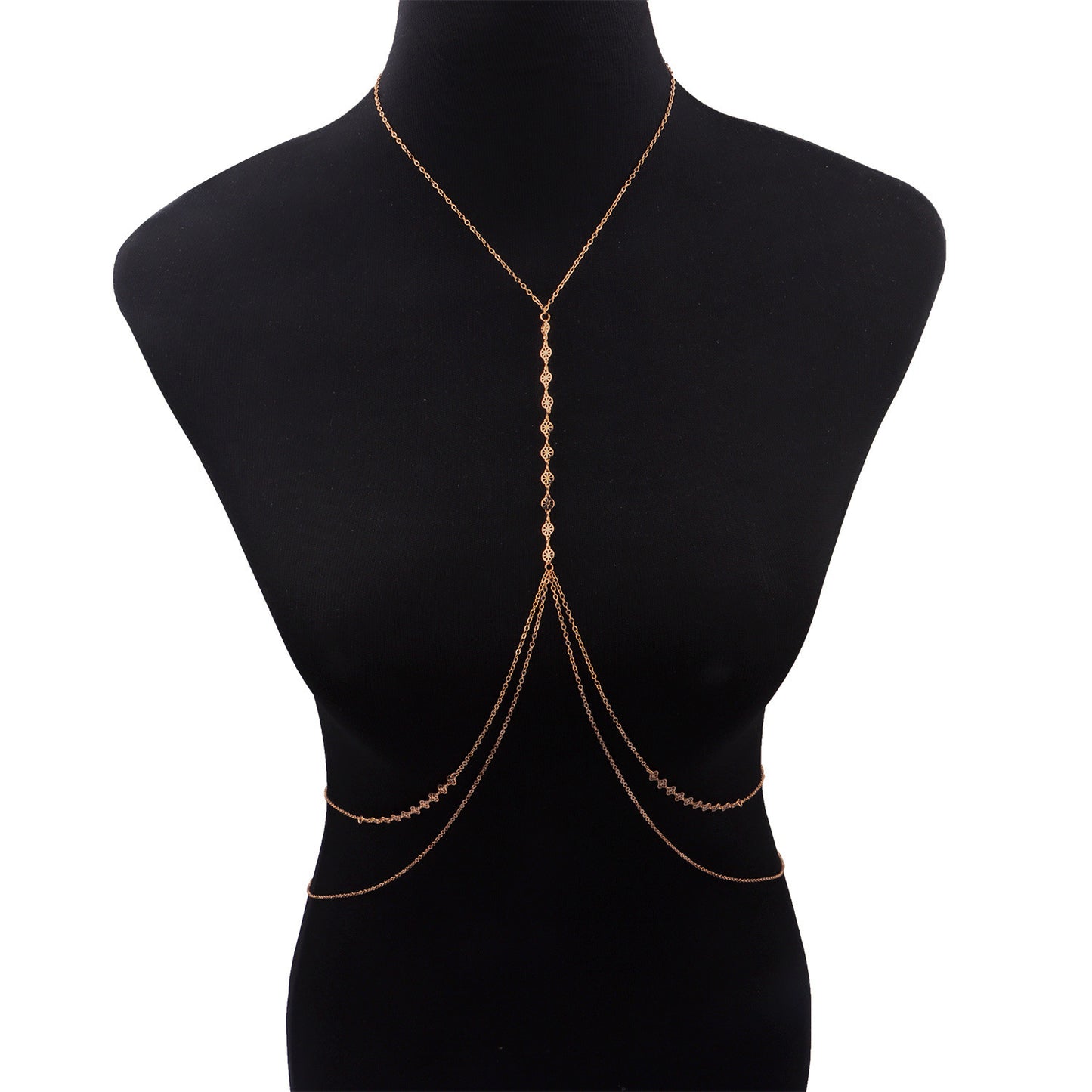 Sexy Low-Waist Body Chain Necklace with Beaded and Carved Geometric Layers