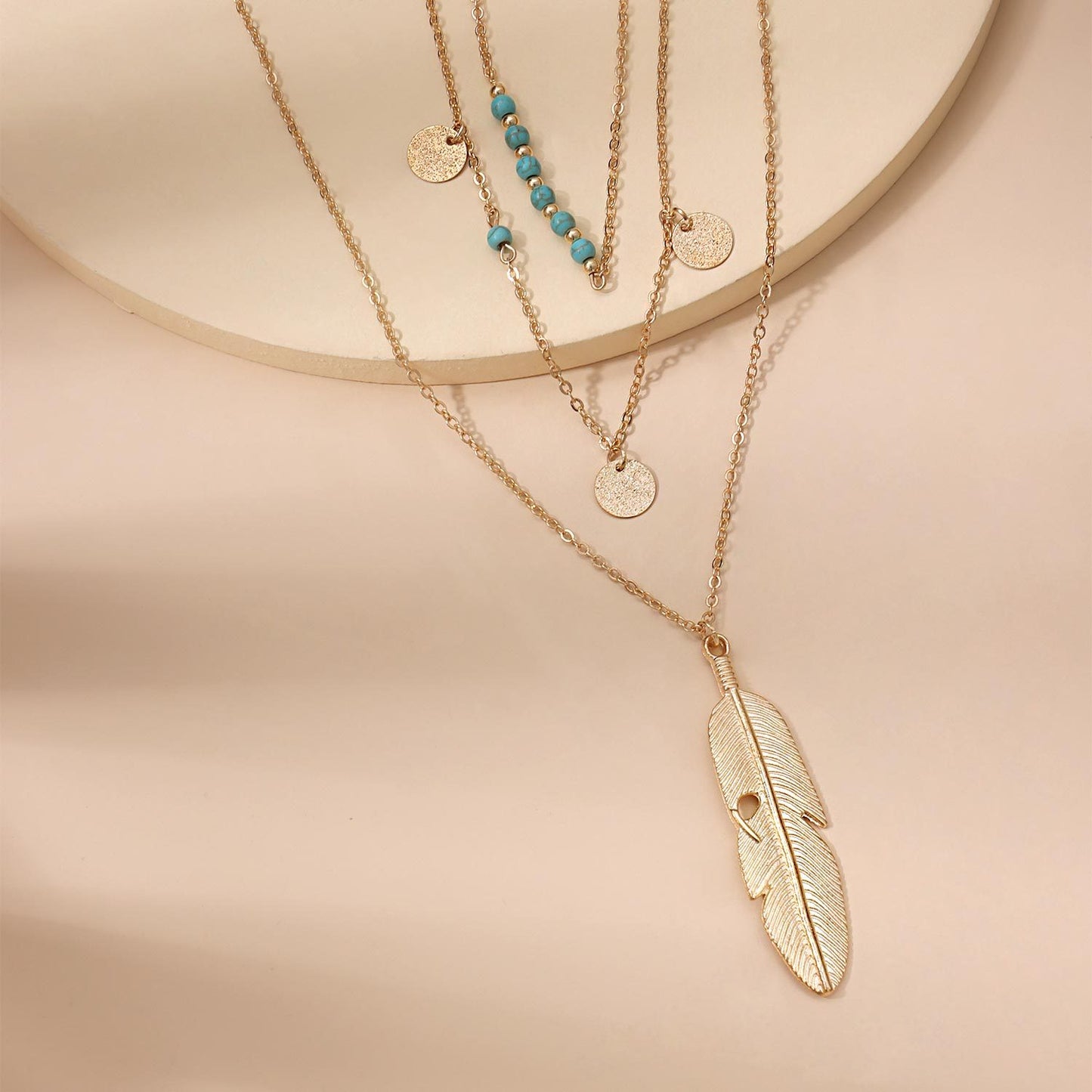 Fashion Feather Turquoise Bead Sequin Multi Layer Necklace for Women Star Pendant Cross Chain Jewelry