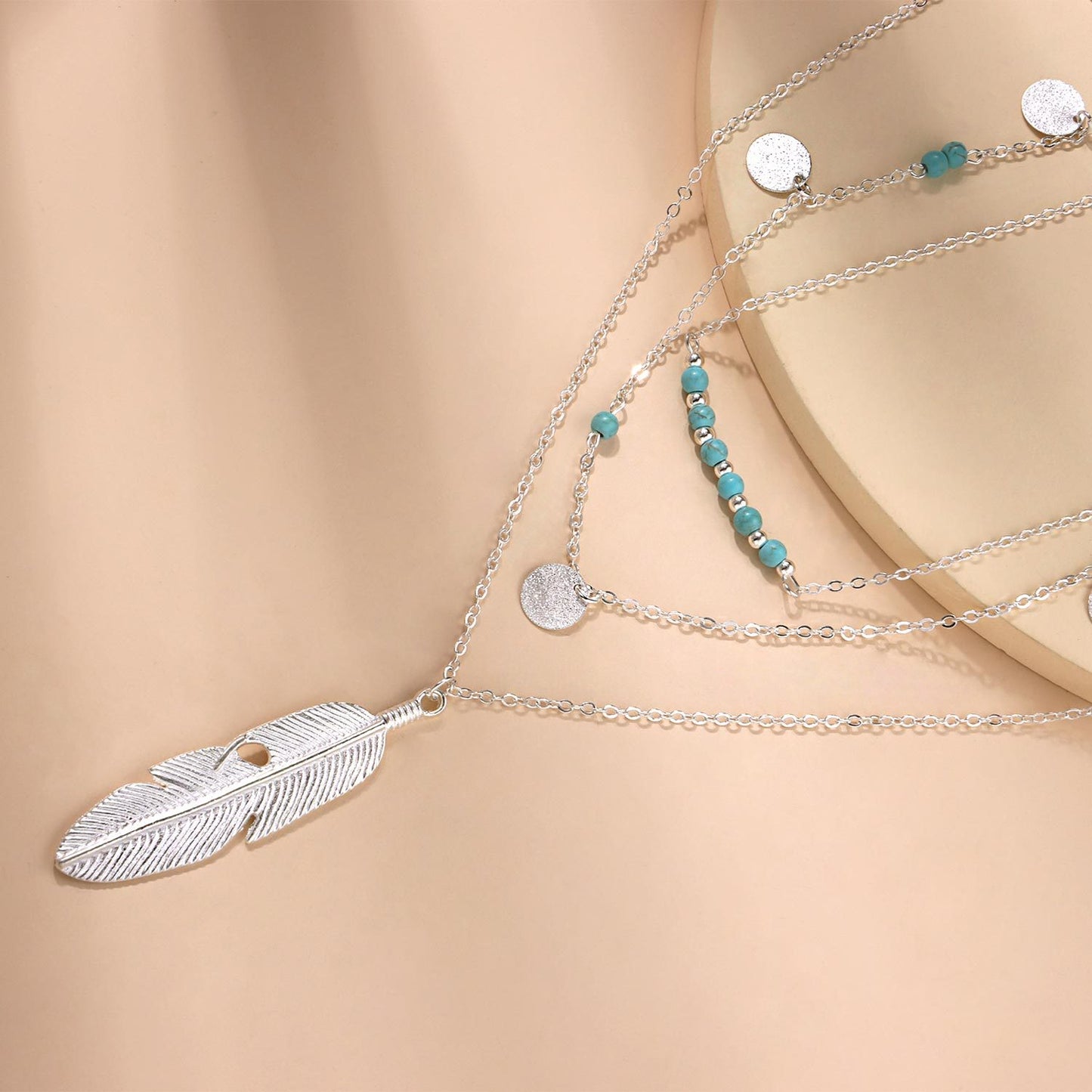 Fashion Feather Turquoise Bead Sequin Multi Layer Necklace for Women Star Pendant Cross Chain Jewelry