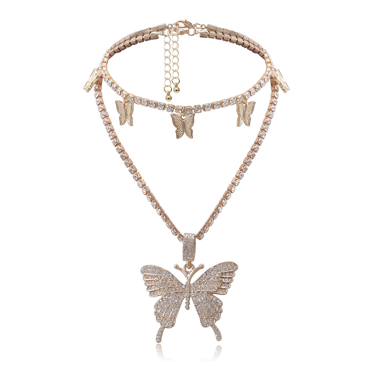 Parure collana geometrica a farfalla con strass e lega per donna, design placcato con catena a griffe, stile individualista, gioielli alla moda