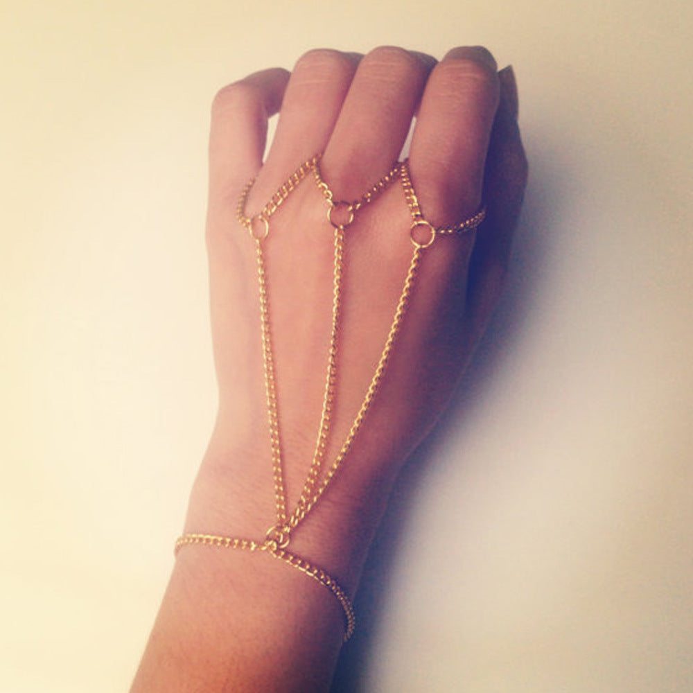 Three-Layer Tassel Chain Finger Ring Bracelet for Women Geometric Punk Style Alloy Hand Jewelry