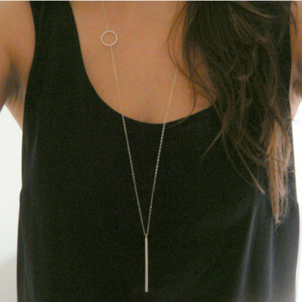 Minimalist Fashion Double Layer Circle Pendant Necklace for Women Alloy Cross Chain Adjustable Length