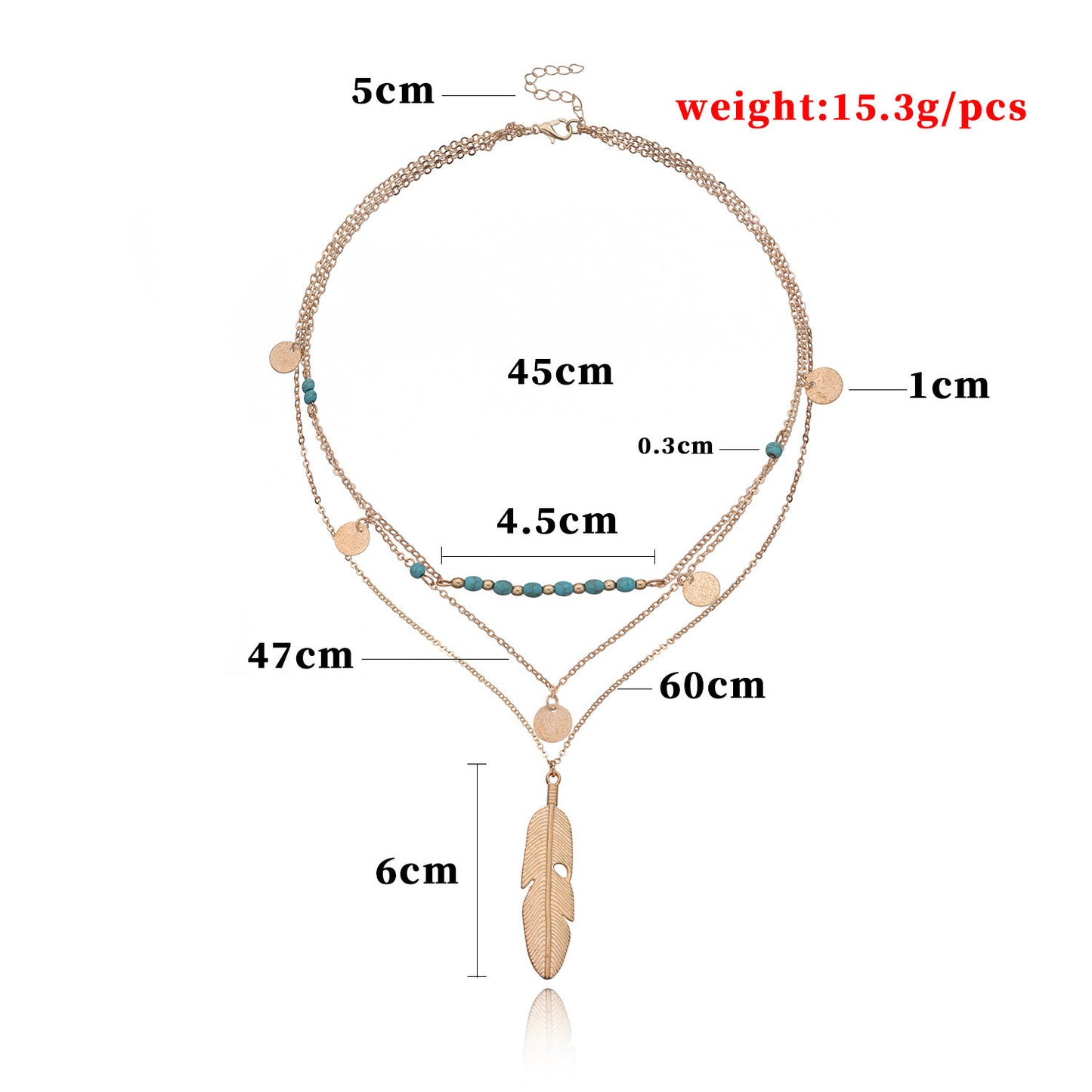 Fashion Feather Turquoise Bead Sequin Multi Layer Necklace for Women Star Pendant Cross Chain Jewelry