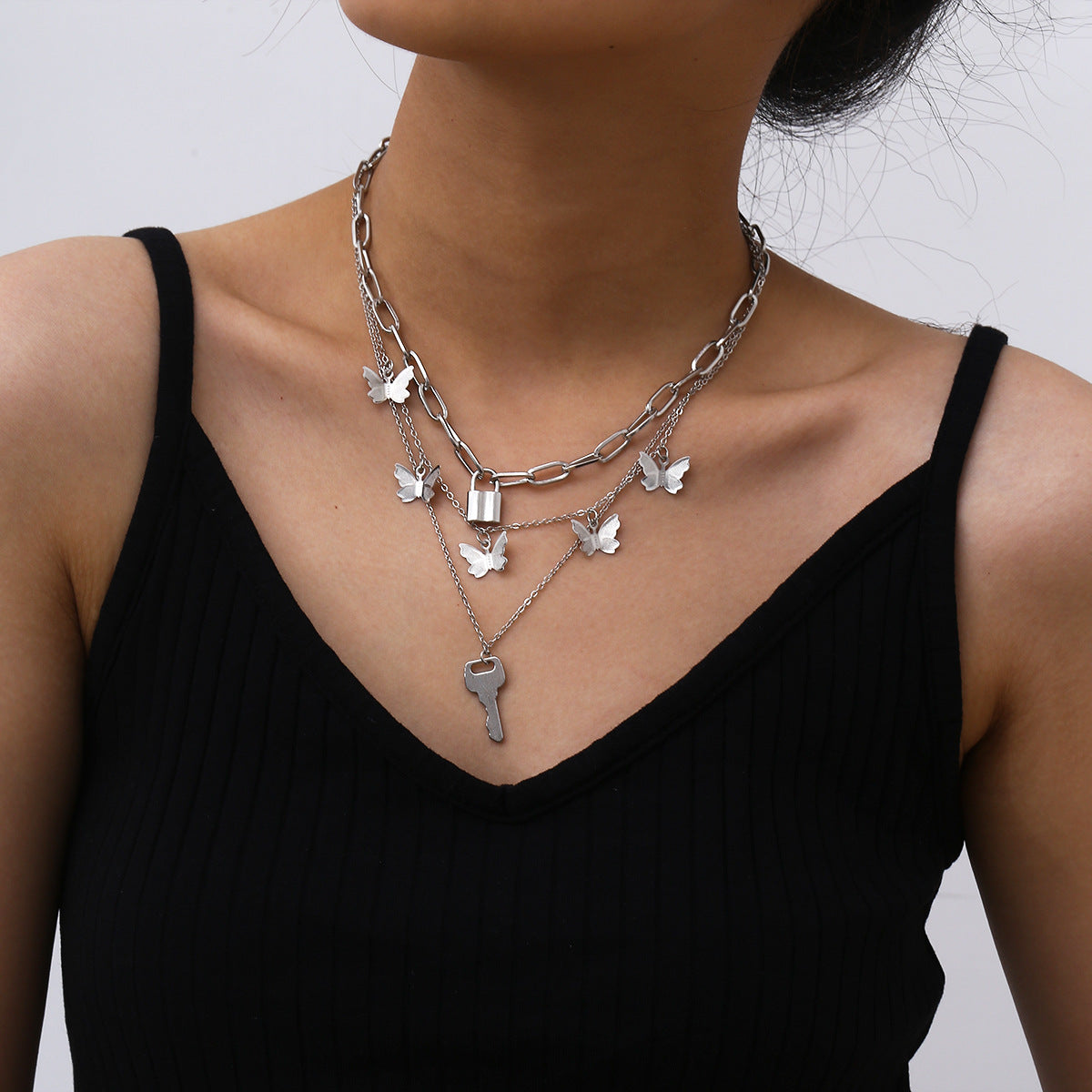 Minimalist Butterfly Lock Key Alloy Plated Necklace Curb Chain