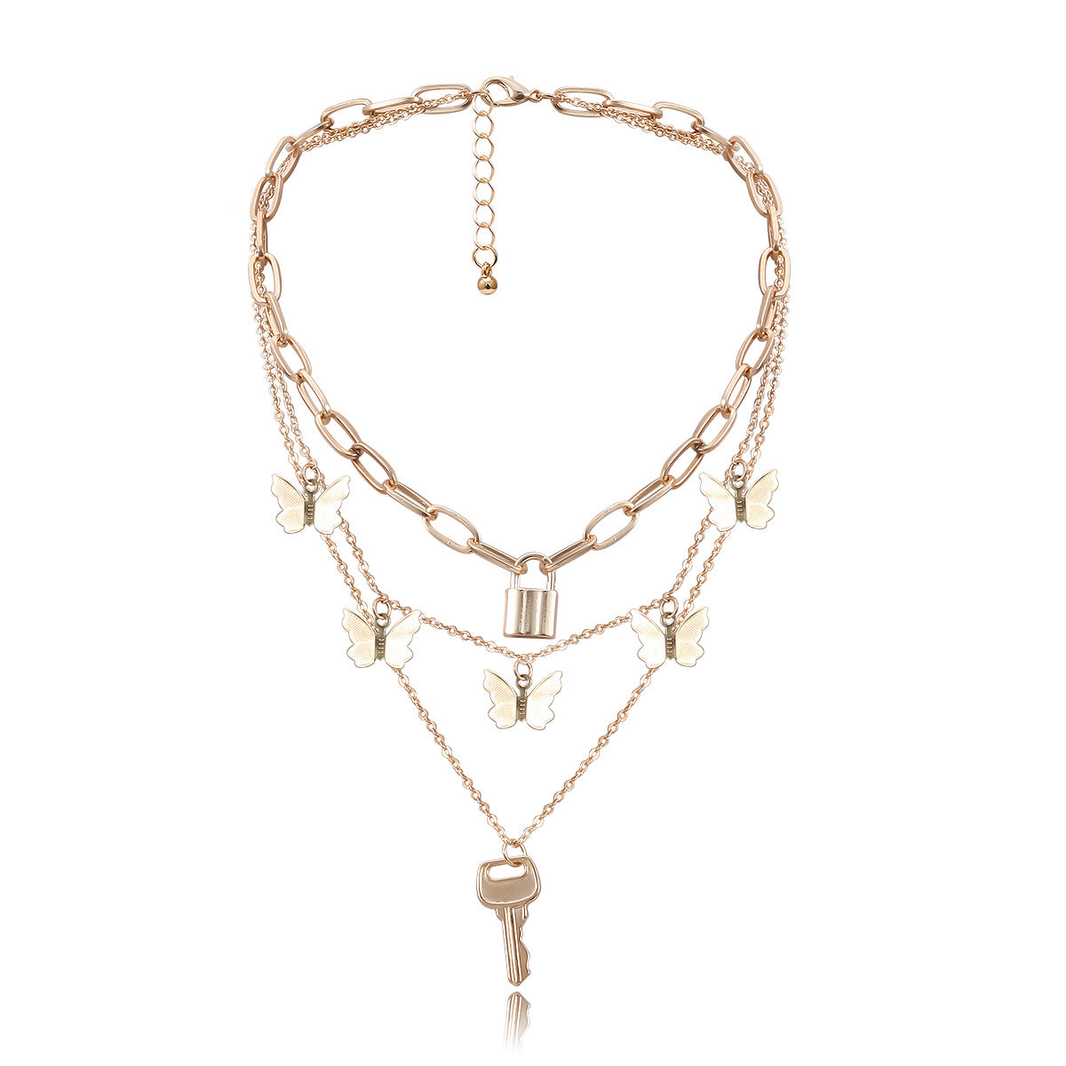 Minimalist Butterfly Lock Key Alloy Plated Necklace Curb Chain