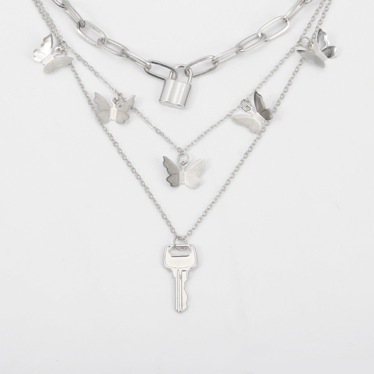 Minimalist Butterfly Lock Key Alloy Plated Necklace Curb Chain