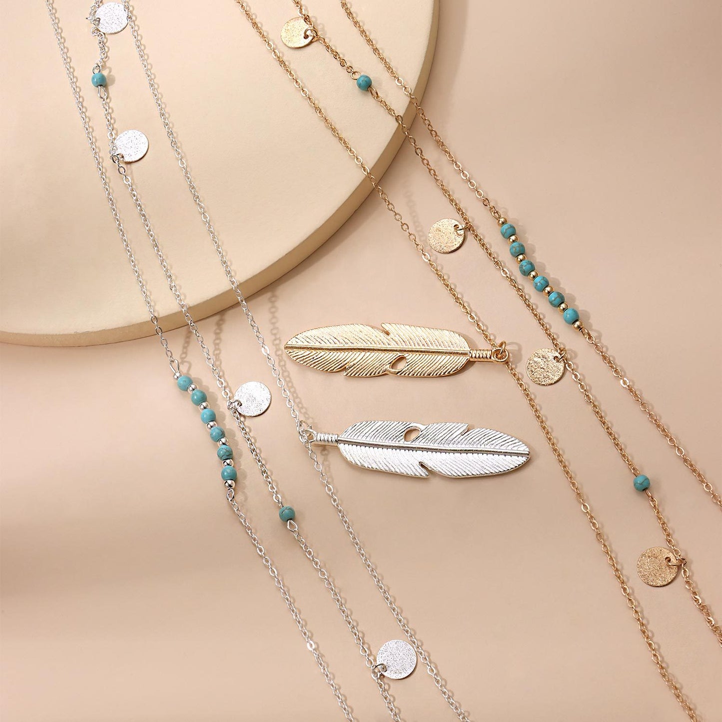 Fashion Feather Turquoise Bead Sequin Multi Layer Necklace for Women Star Pendant Cross Chain Jewelry