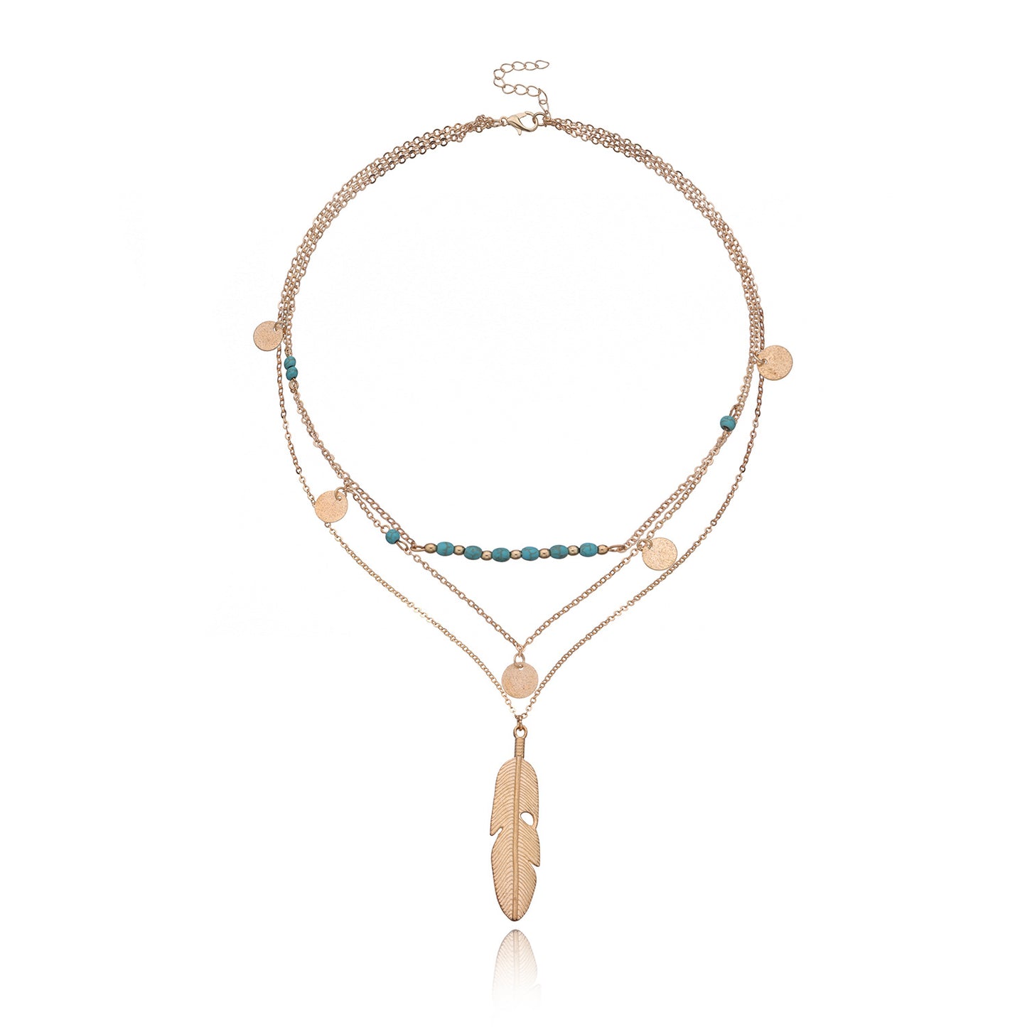 Fashion Feather Turquoise Bead Sequin Multi Layer Necklace for Women Star Pendant Cross Chain Jewelry