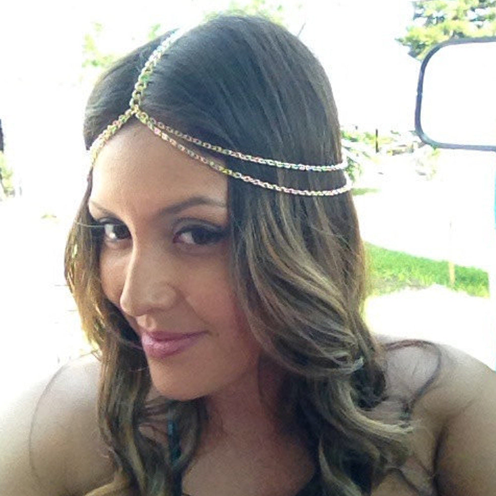 Western Style Multi Layer Tassel Head Chain Crown Hair Accessory for Women Checkered Pattern Alloy Hairband Headpiece Fashion Headwear