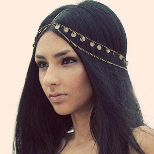 Diadema con borlas brillantes para mujer, accesorio para el cabello estilo callejero con cadena y patrón a cuadros