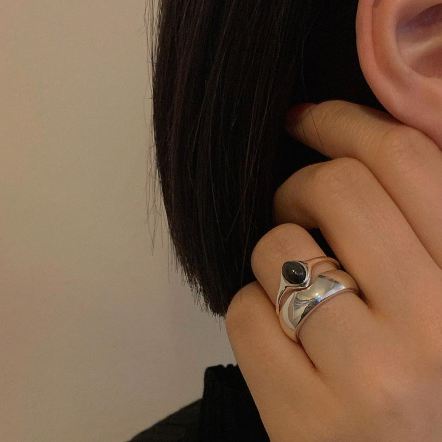 Sweet 925 Sterling Silver Round Geometric Inlaid Black Agate Polka Dot Ring for Unisex