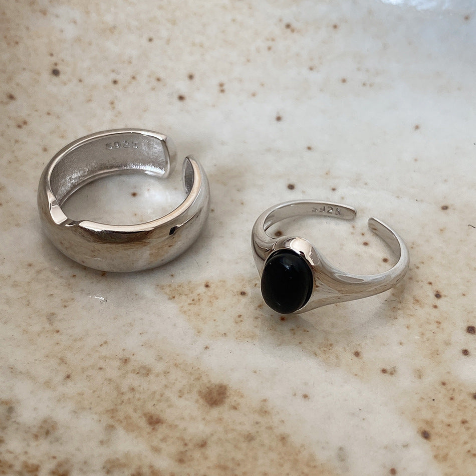 Sweet 925 Sterling Silver Round Geometric Inlaid Black Agate Polka Dot Ring for Unisex