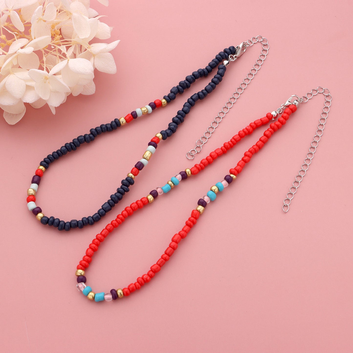 Women's Large Colorful Glass Bead Necklace Geometric Design Handmade Jewelry Set Amazon Best Seller