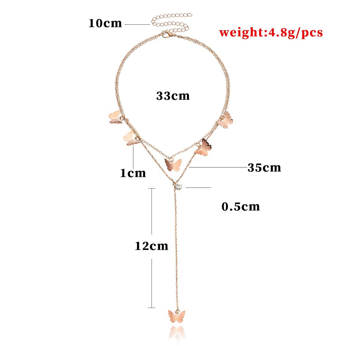 Women's Fashion Double-Layer Alloy Butterfly Pendant Necklace with Rhinestone Drop, Cross Chain Style, Vintage Aesthetic