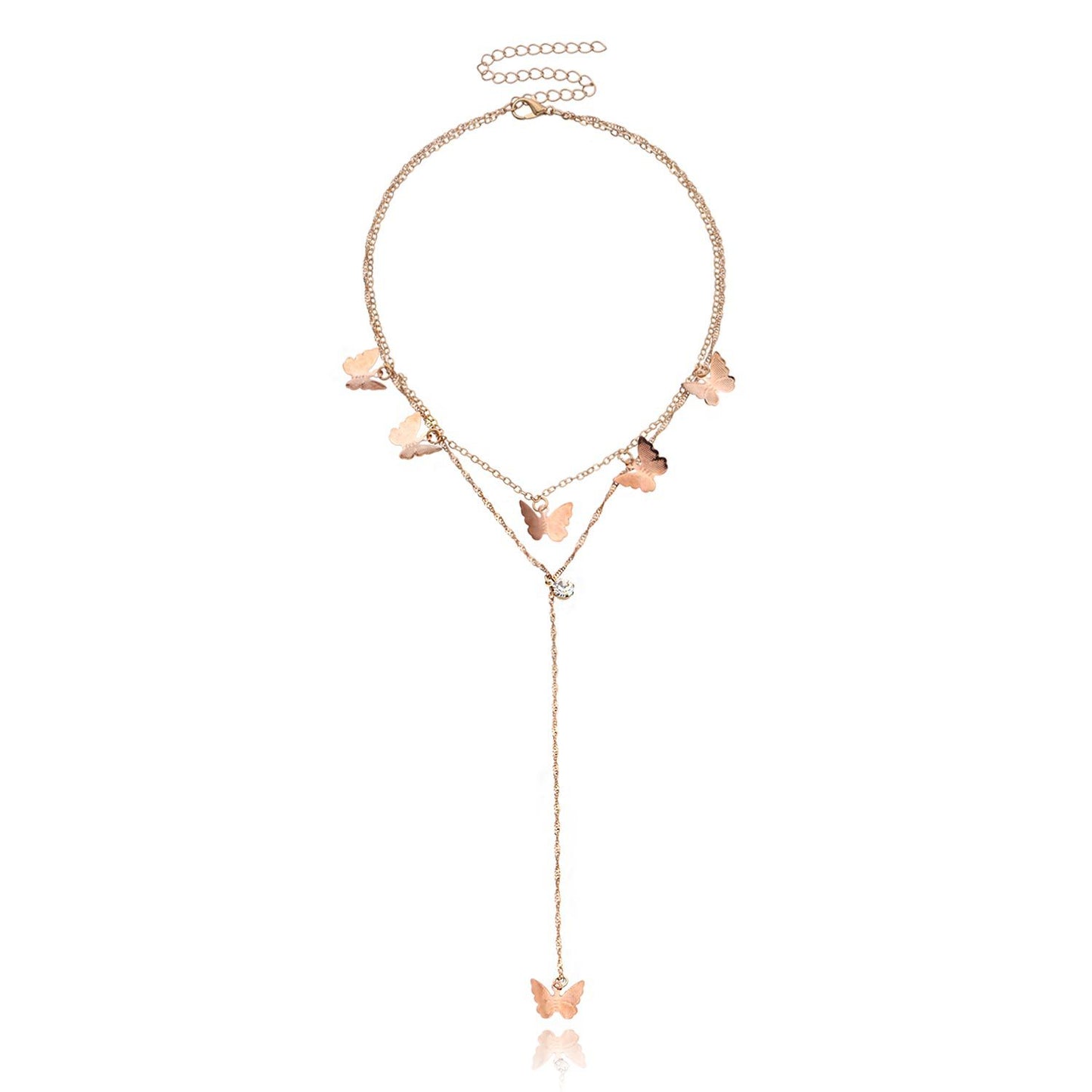 Women's Fashion Double-Layer Alloy Butterfly Pendant Necklace with Rhinestone Drop, Cross Chain Style, Vintage Aesthetic