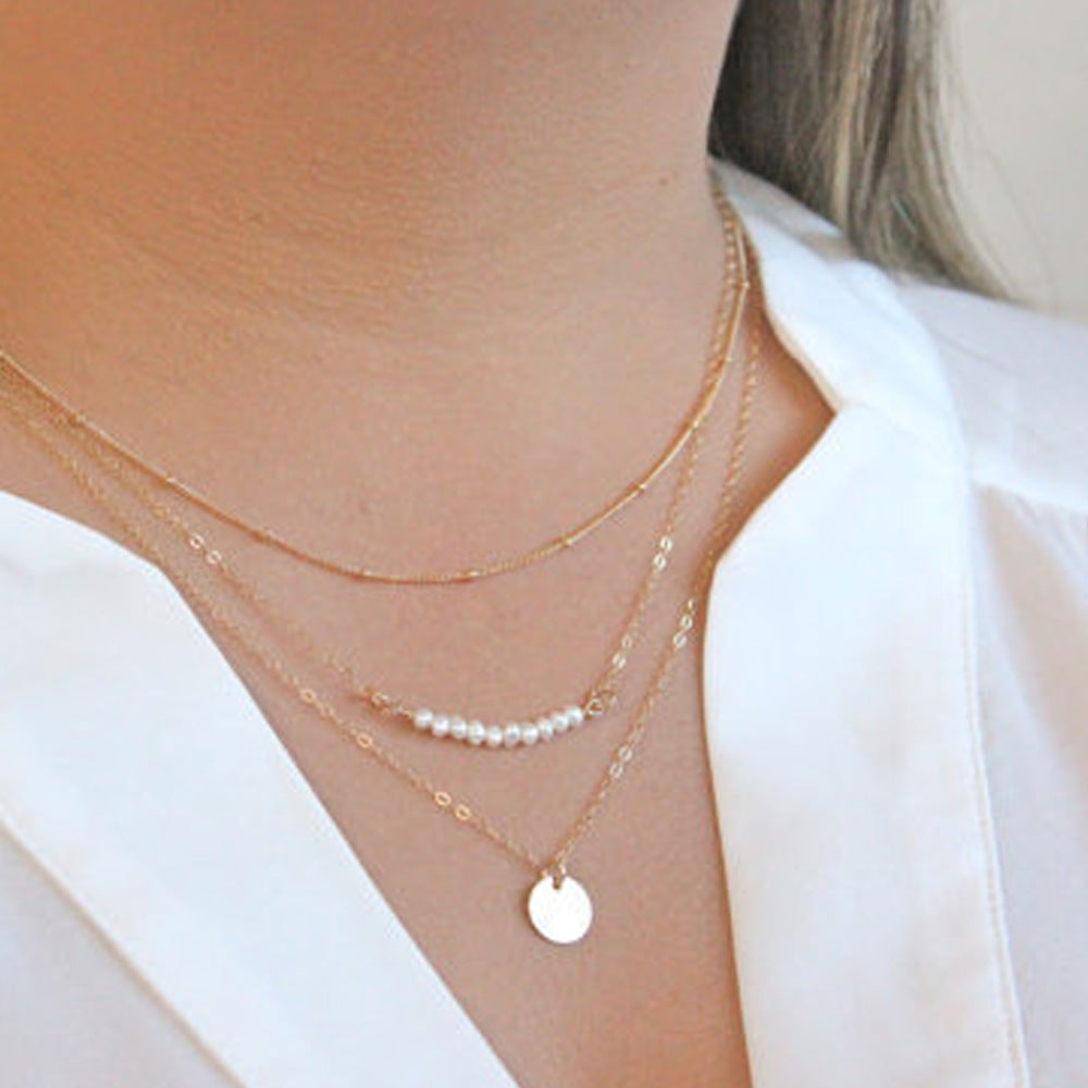 Multi-Layer Short Necklace with Pearl and Sequin Accents Geometric Alloy Pendant Chain for Women