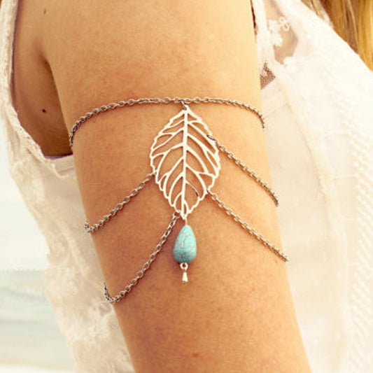 Brazalete esclavo boho vintage para mujer con colgante de hoja, gota de turquesa y borlas, joyería de moda