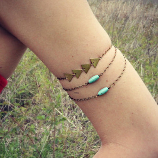 Brazalete esclava triangular turquesa vintage con flecos para mujer, de aleación, joya de mano, accesorio geométrico bohemio