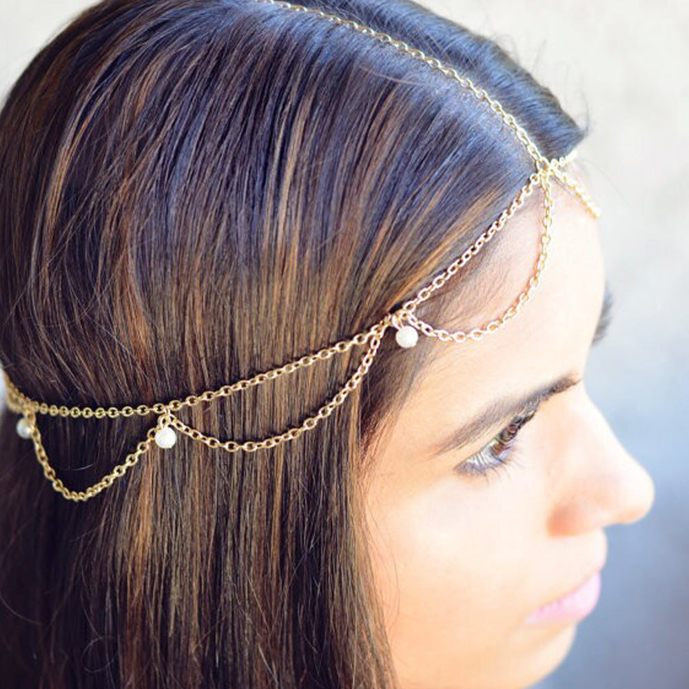 Fascia per capelli con frangia a onda bohémien con perle, accessorio per capelli in lega da donna, motivo scozzese, stile geometrico