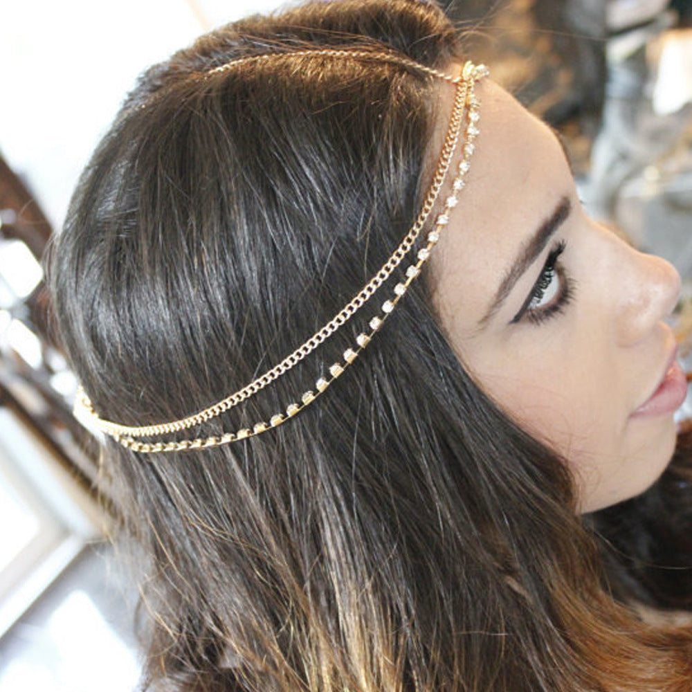 Bohemian Rhinestone Headband with Fringe Chain and Wave Design for Women Checkered Pattern Alloy Hair Accessory