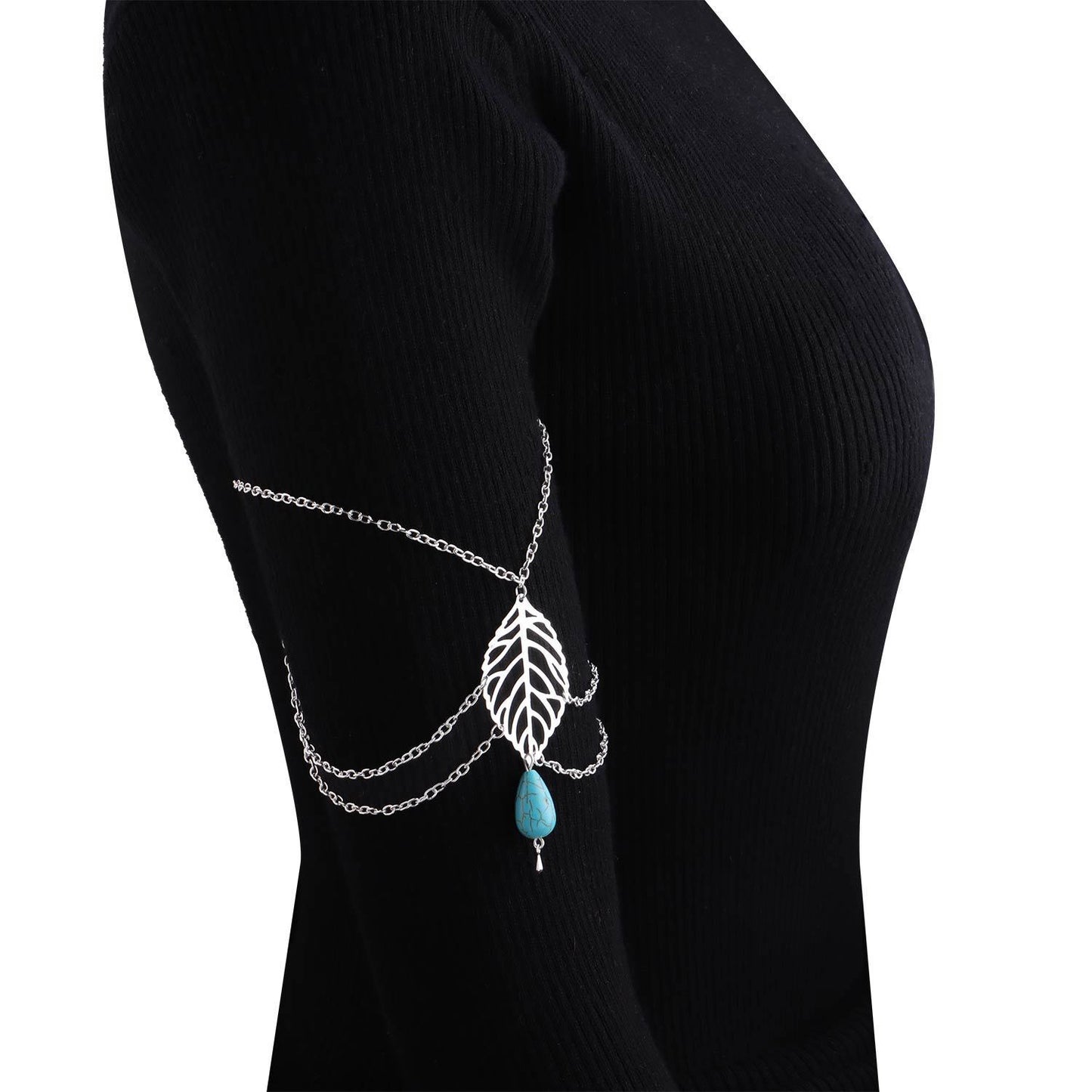 Women's Vintage Boho Leaf Pendant Arm Cuff Bracelet with Turquoise Droplet and Tassel Accents Fashion Jewelry