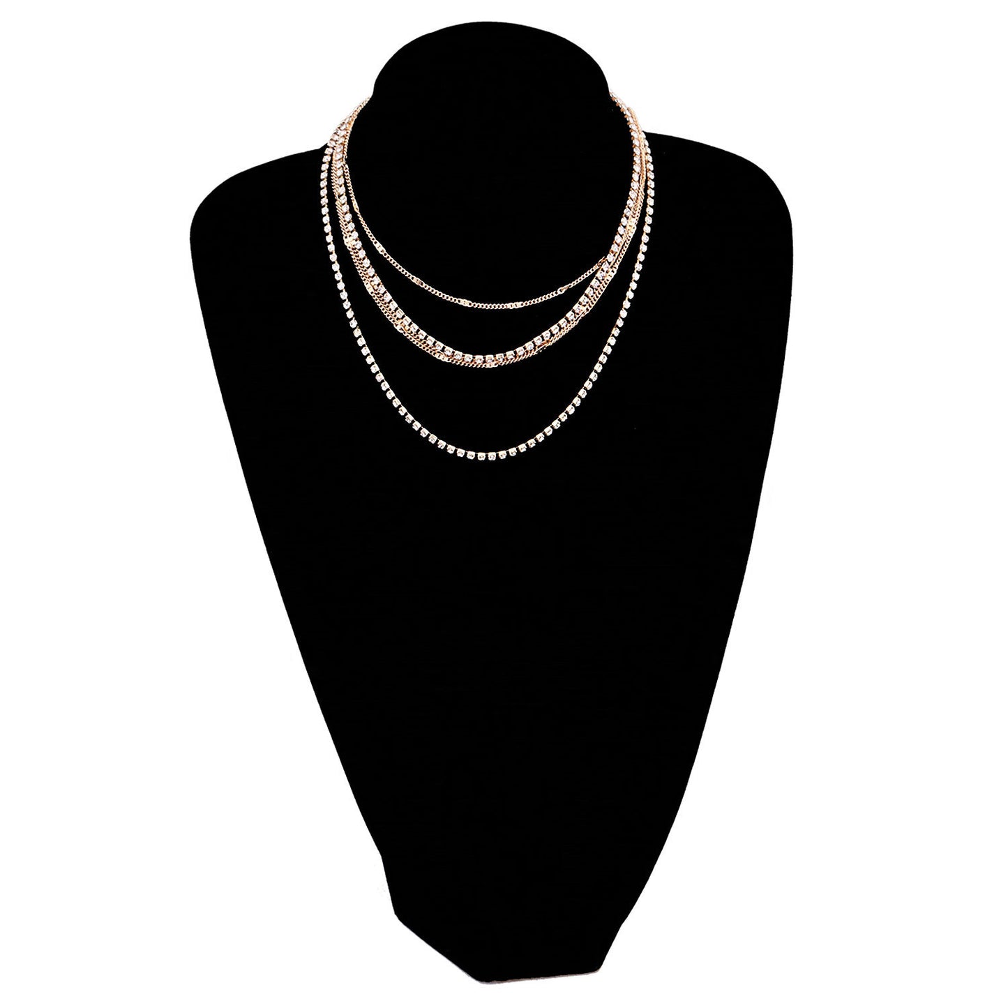 Women's Geometric Rhinestone Alloy Box Chain Necklace, Multi-Layer Hip-Hop Fashion Jewelry, Plated Finish, Stylish Statement Piece