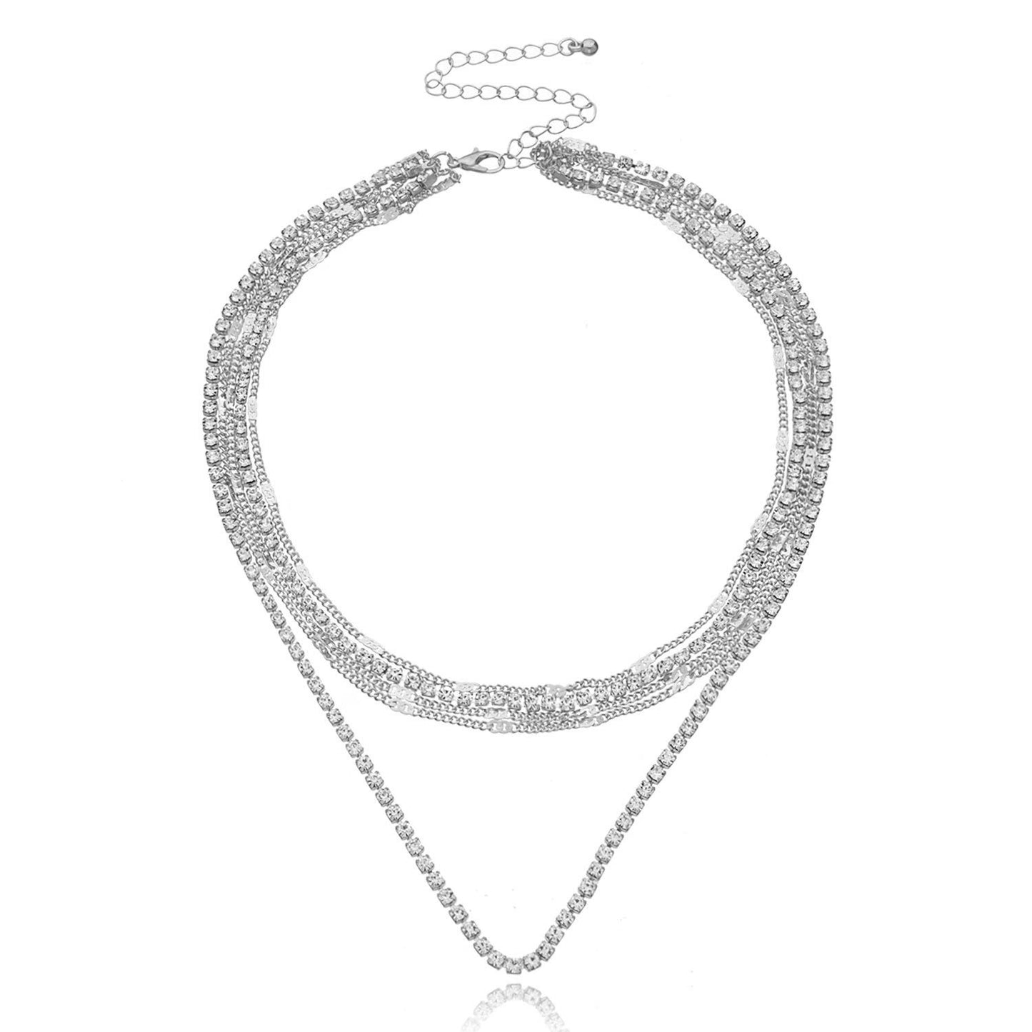 Women's Geometric Rhinestone Alloy Box Chain Necklace, Multi-Layer Hip-Hop Fashion Jewelry, Plated Finish, Stylish Statement Piece