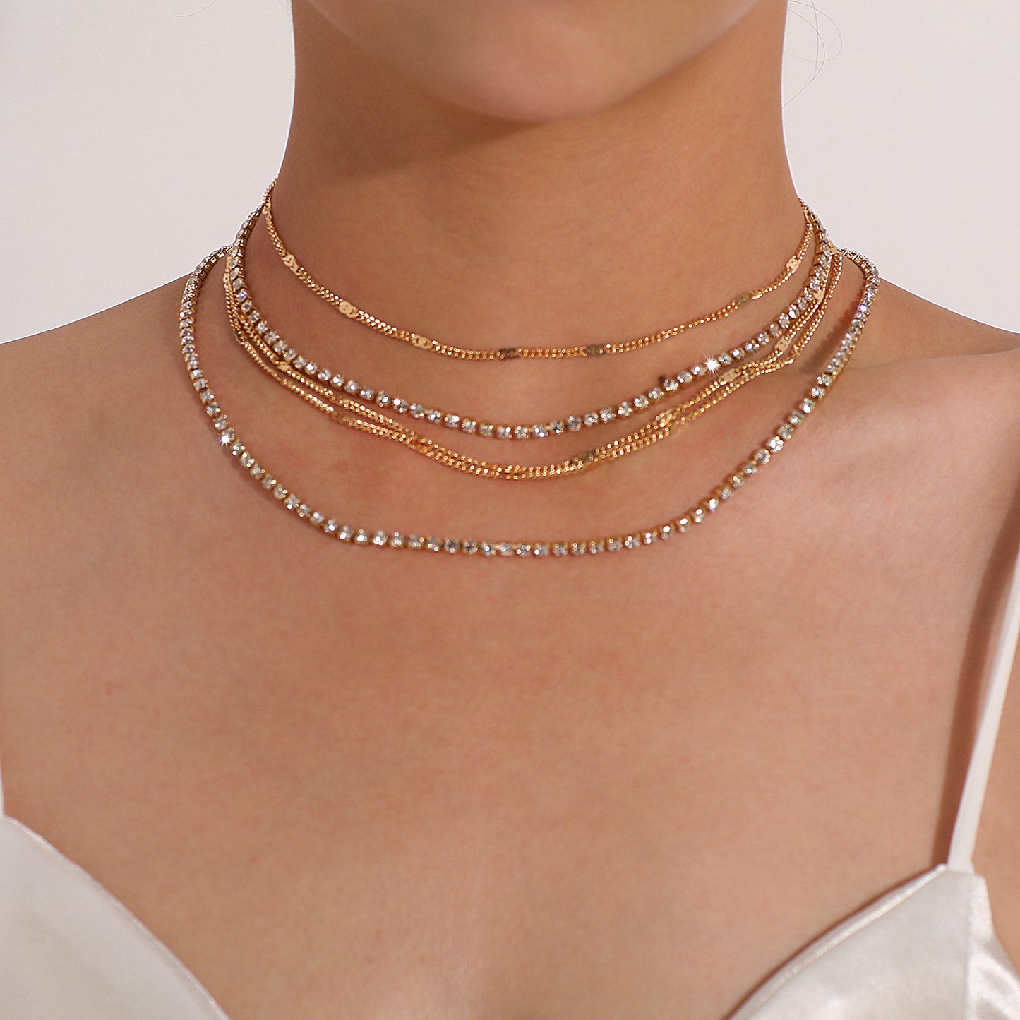 Women's Geometric Rhinestone Alloy Box Chain Necklace, Multi-Layer Hip-Hop Fashion Jewelry, Plated Finish, Stylish Statement Piece