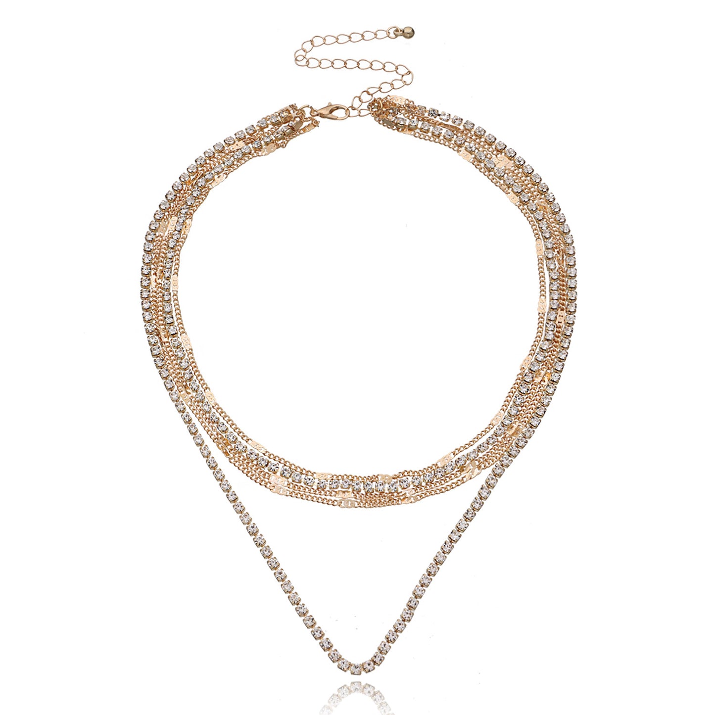 Women's Geometric Rhinestone Alloy Box Chain Necklace, Multi-Layer Hip-Hop Fashion Jewelry, Plated Finish, Stylish Statement Piece