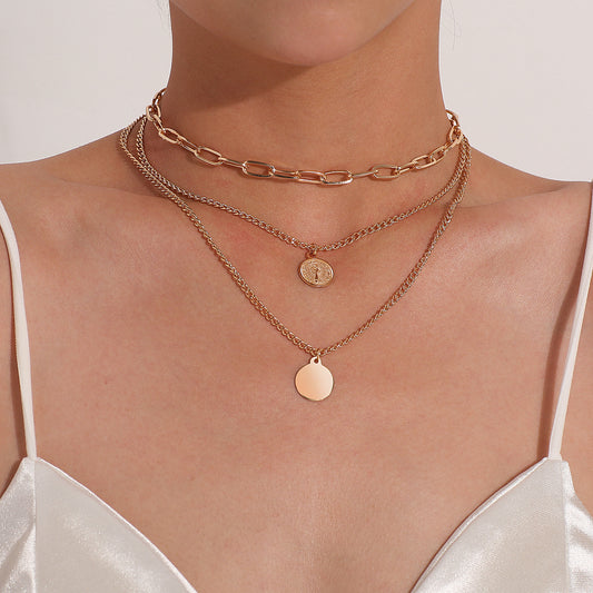 Collana con Pendente Ritratto Circolare Geometrico da Donna, Gioielli Trendy con Catena Spessa Multistrato Oversize