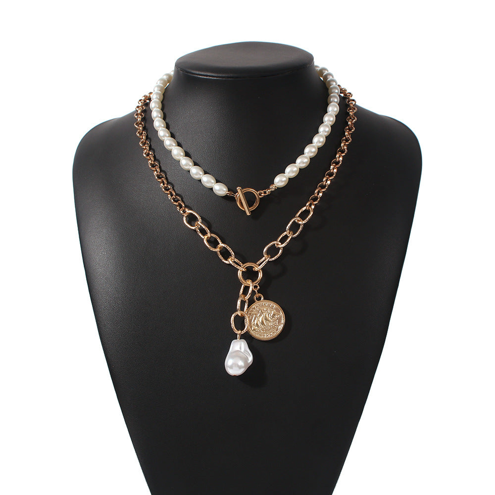 Dulce y Atrevido Collar de Clavícula Geométrico de Perlas para Mujer con Acabado Galvanizado