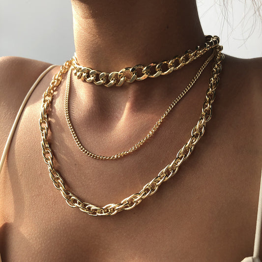 Edgy Punk Hip-Hop Multi-Layer Chain Necklace with Geometric Line Pattern, Electroplated Alloy Statement Neck Chain