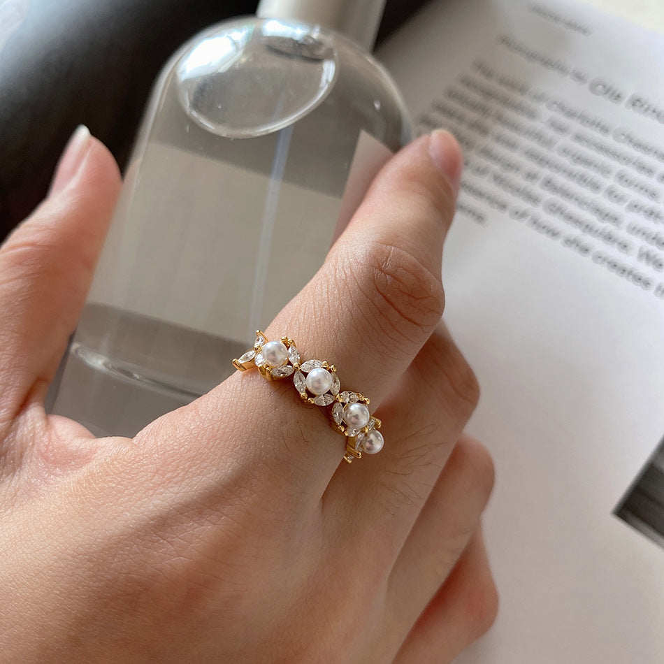 Minimalist 925 Sterling Silver Floral Inlaid Pearl Ring for Women