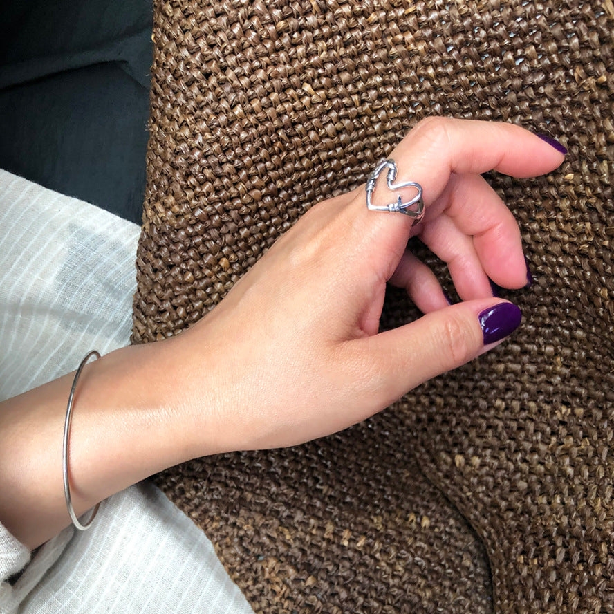 Vintage Minimalist 925 Sterling Silver Heart Knot Open Ring for Women