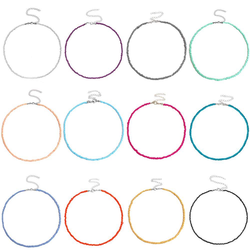 Bohemian Geometric Round Seed Beads Necklace Solid Color Short Choker for Women