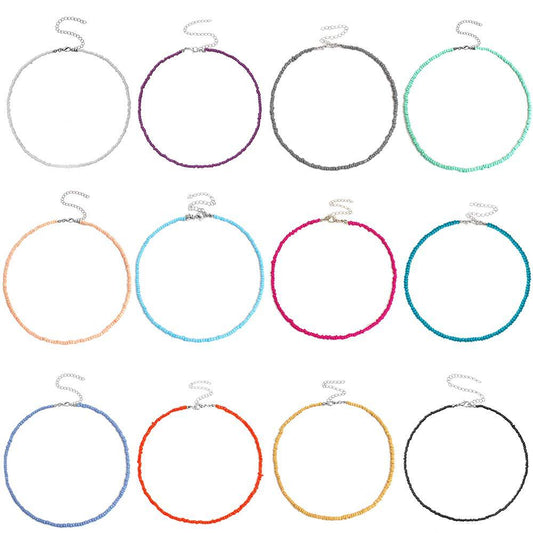 Bohemian Geometric Round Seed Beads Necklace Solid Color Short Choker for Women