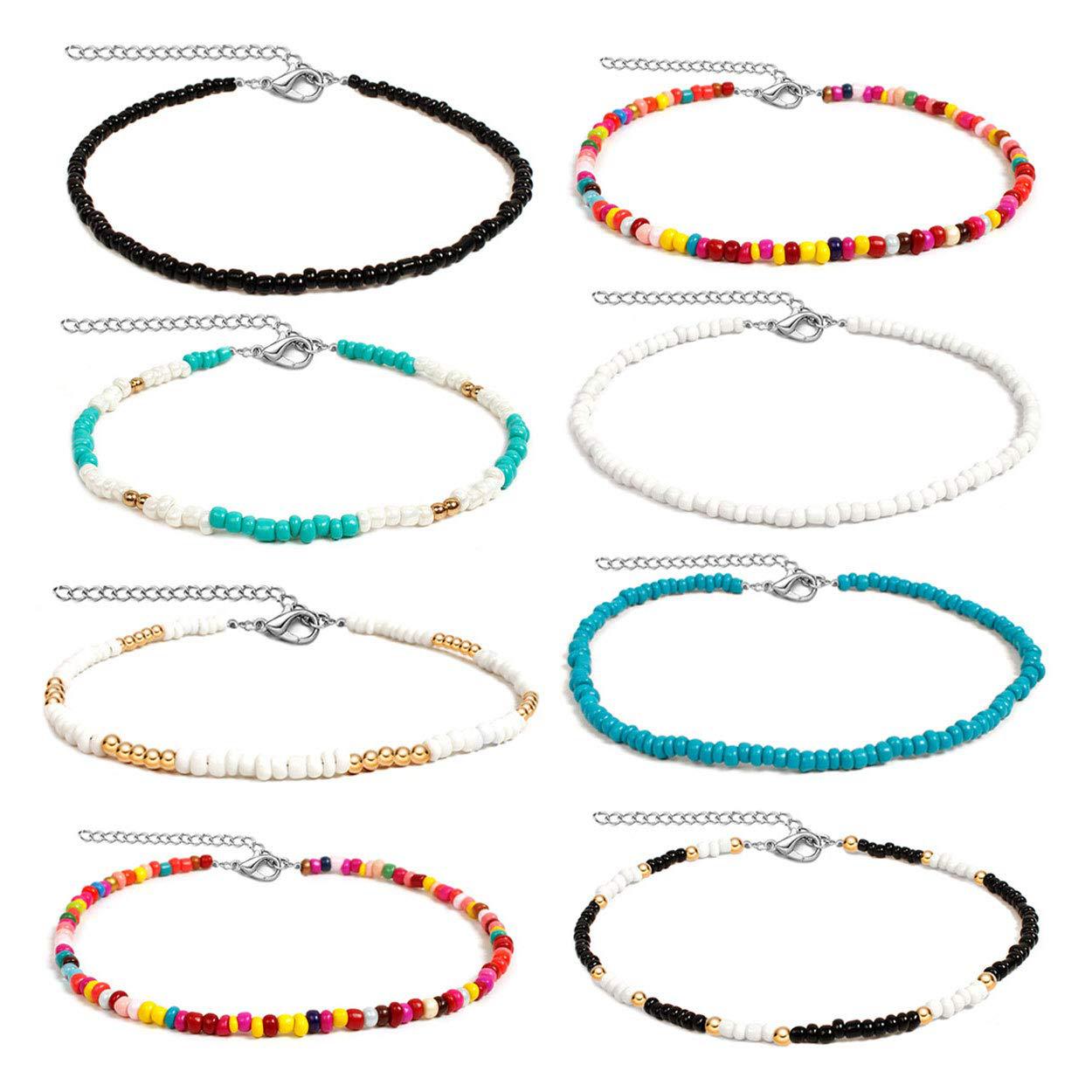 Bohemian Short Choker Necklace with Adjustable Fish Line Chain and Geometric Seed Beads