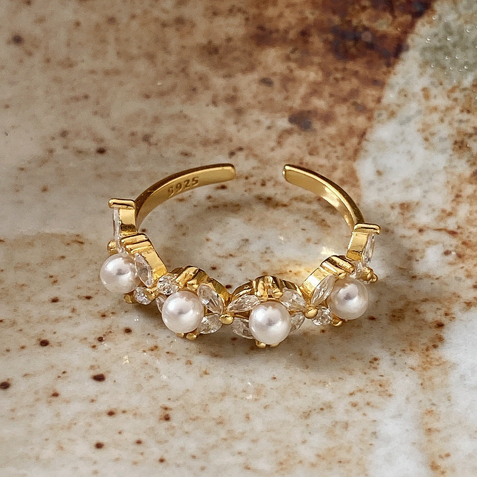Minimalist 925 Sterling Silver Floral Inlaid Pearl Ring for Women
