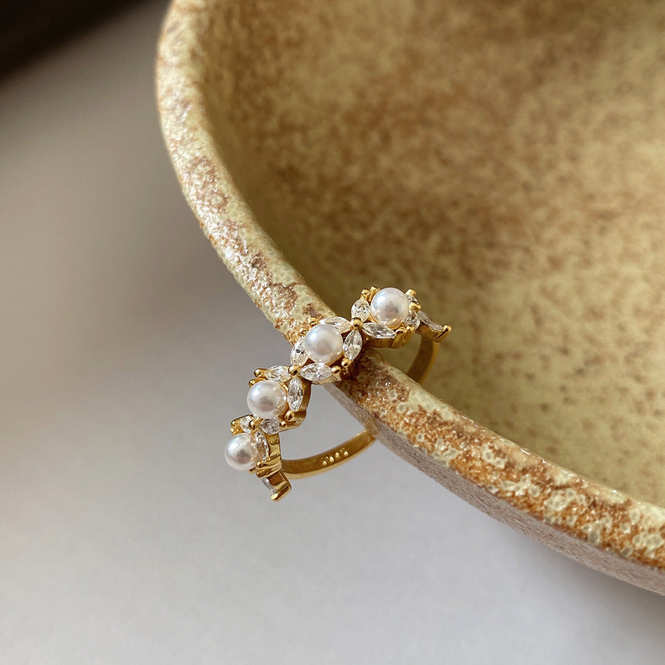 Minimalist 925 Sterling Silver Floral Inlaid Pearl Ring for Women