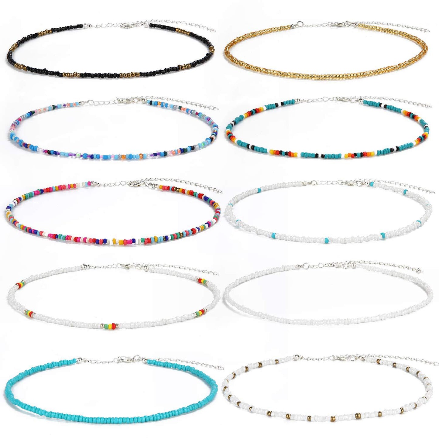 Bohemian Geometric Round Seed Beads Necklace Solid Color Short Choker for Women