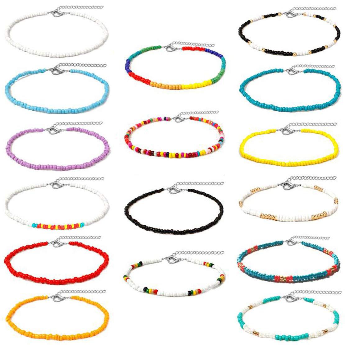 Bohemian Short Choker Necklace with Adjustable Fish Line Chain and Geometric Seed Beads