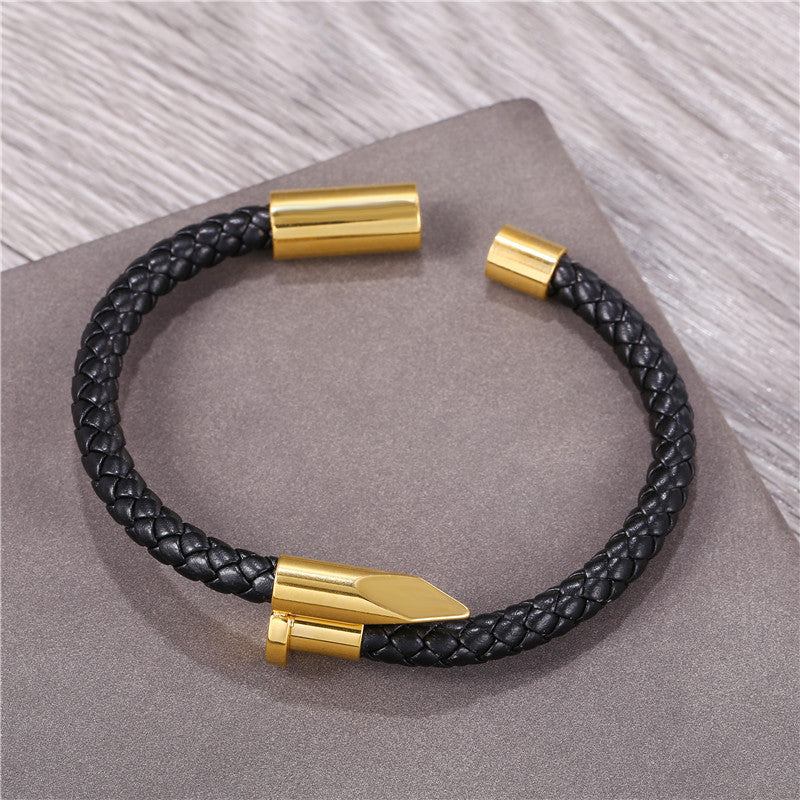 Punk Geometric Titanium Steel and Leather Woven Bracelet Unisex